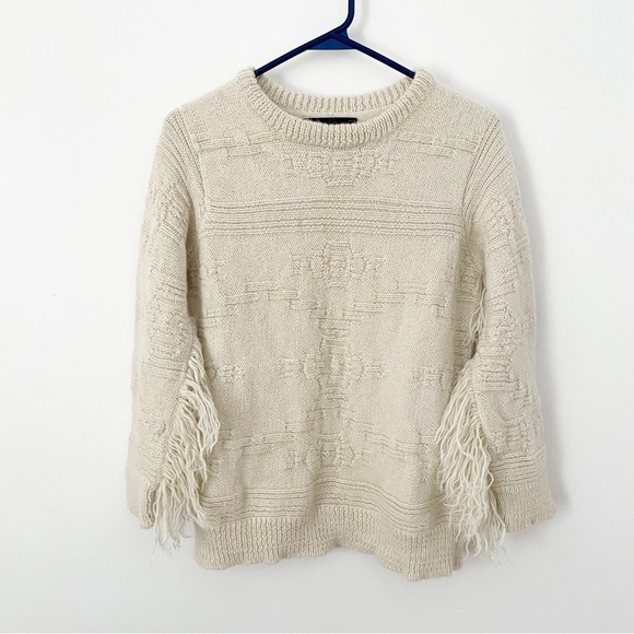 Hand made in Peru 100% baby Alpaca wool sweater with fringed sleeves in ivory - Picture 1 of 14